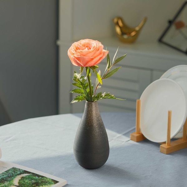 Uniquewise 6 Inch Modern Decorative Ceramic Table Vase Ripped Design Tear Drop Shape Flower Holder, Black - QI004357