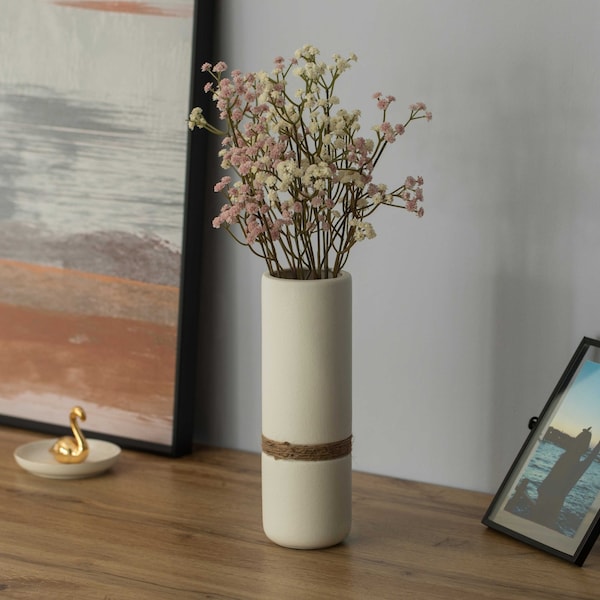 Uniquewise Decorative Modern Ceramic Cylinder Shape Table Vase Flower Holder with Rope, White 11 Inch - QI004362.L.WT