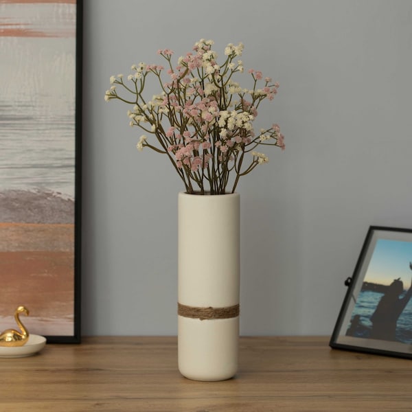 Uniquewise Decorative Modern Ceramic Cylinder Shape Table Vase Flower Holder with Rope, White 11 Inch - QI004362.L.WT