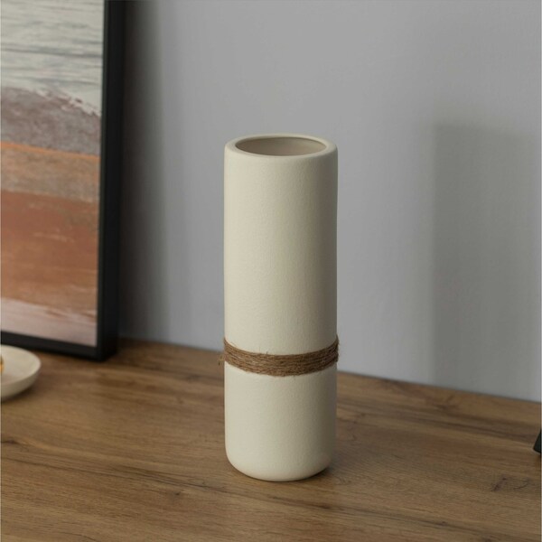 Uniquewise Decorative Modern Ceramic Cylinder Shape Table Vase Flower Holder with Rope, White 11 Inch - QI004362.L.WT