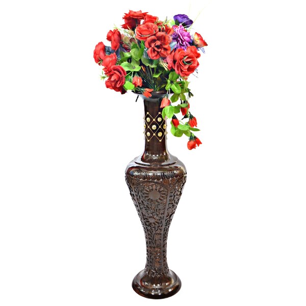 Uniquewise Antique Decorative Brown Hand Curved Mango Wood Floor Flower Vase with Unique Textured Pattern, 30" - QI004011