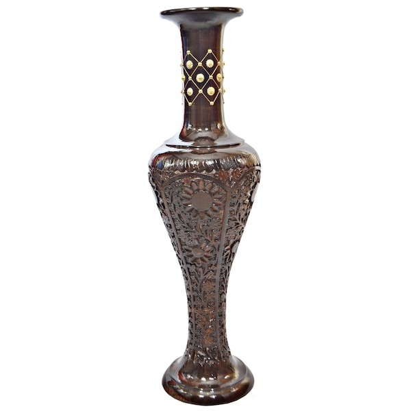Uniquewise Antique Decorative Brown Hand Curved Mango Wood Floor Flower Vase with Unique Textured Pattern, 30" - QI004011