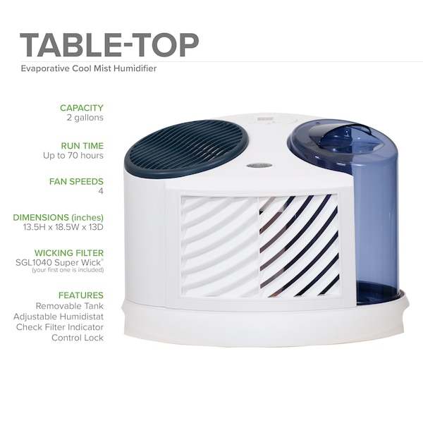 Aircare Portable Humidifier, -, 2 gal, 1,000 sq. ft., Tabletop, White/Blue - 7D6 100