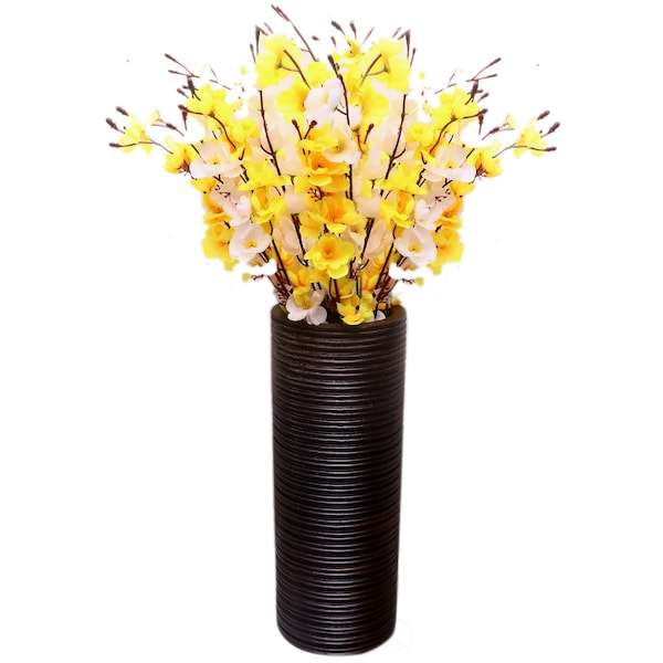 Uniquewise Brown Decorative Contemporary Mango Wood Ribbed Design Cylinder Shaped Table Vase, 16 Inch - QI004432.S