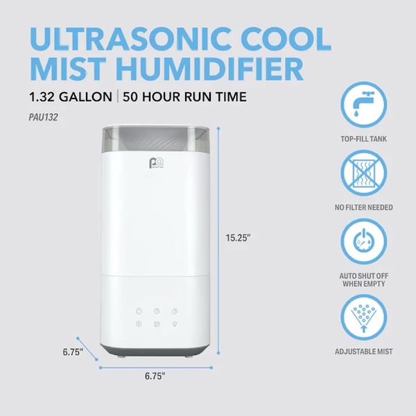Ultrasonic Perfect Aire 1.32 gal 215 sq ft Digital Ultrasonic Cool Mist Humidifier W/Night Light - PAU132