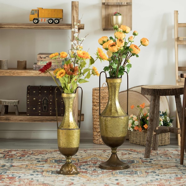Uniquewise Antique Style 2 Handle Metal Jug Floor Vase for Entryway, Living Room or Dining Room, Large - QI004440.L