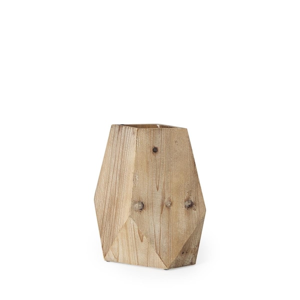Homeroots 11 in. Natural Brown Stain Geometric Wooden Vase - 397506