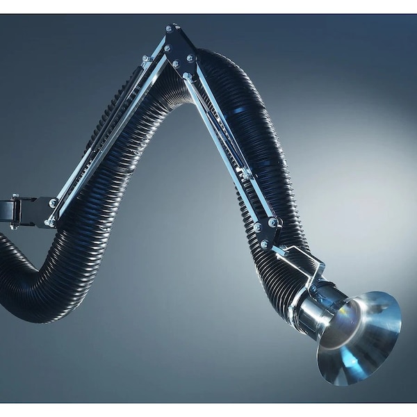 Lev-Co 5' ESD extractor arm c/w 6.3"diameter hose, flanged capture hood and wall bracket - ESD-ARM-HSTD-160-1500