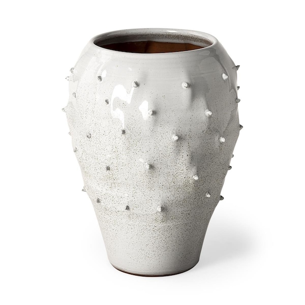 Palacedesigns 14 in. Spiked Organic Glaze Large Mouth Ceramic Vase; White - PA3087265