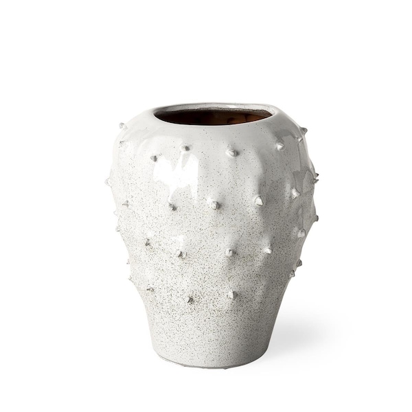 Homeroots 11 in. Spiked Organic Glaze Large Mouth Ceramic Vase, White - 397524