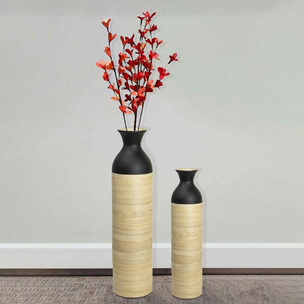 Uniquewise Cylinder Shaped Tall Spun Bamboo Floor Vase Glossy Black Lacquer and Natural Bamboo Finish, Set of 2 - QI003455BKN.2