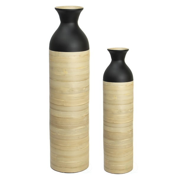 Uniquewise Cylinder Shaped Tall Spun Bamboo Floor Vase Glossy Black Lacquer and Natural Bamboo Finish, Set of 2 - QI003455BKN.2