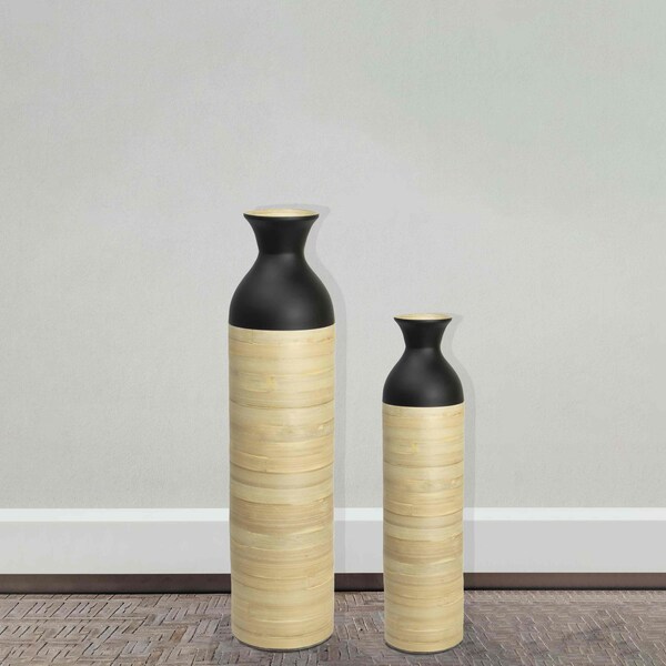 Uniquewise Cylinder Shaped Tall Spun Bamboo Floor Vase Glossy Black Lacquer and Natural Bamboo Finish, Set of 2 - QI003455BKN.2