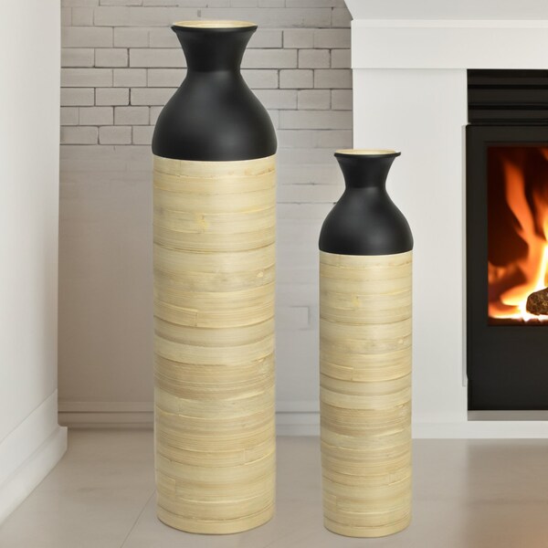 Uniquewise Cylinder Shaped Tall Spun Bamboo Floor Vase Glossy Black Lacquer and Natural Bamboo Finish, Set of 2 - QI003455BKN.2