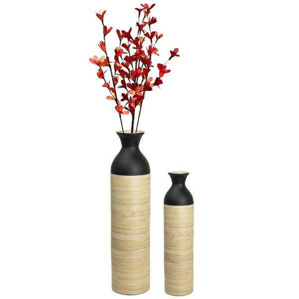 Uniquewise Cylinder Shaped Tall Spun Bamboo Floor Vase Glossy Black Lacquer and Natural Bamboo Finish, Set of 2 - QI003455BKN.2