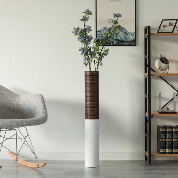 Uniquewise Modern Tall Decorative White and Brown Ribbed Cylinder Floor Vase, 31.5 Inch - QI004190.L