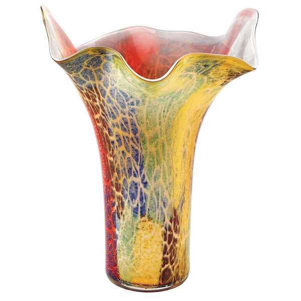 Homeroots 17 in. Glass Napkin Shape Mouth Blown Vase, Multi Color - 375776