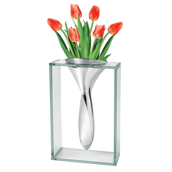 Homeroots 14 in. Mouth Blown Crystal Non Tarnish Aluminum & Glass Vase - 375721