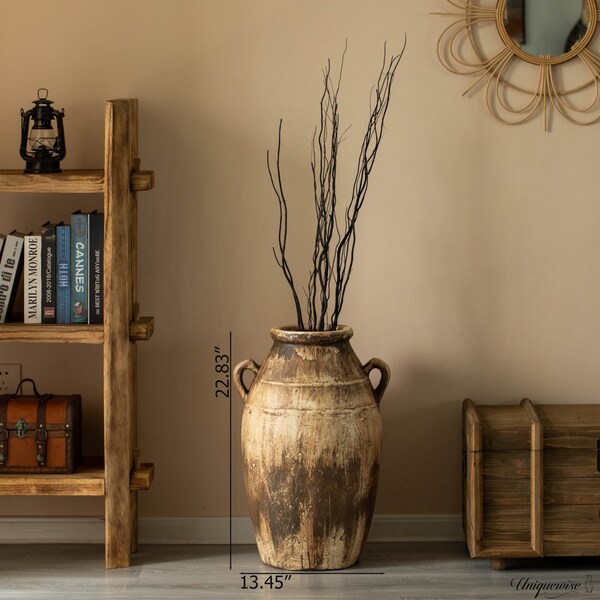 Uniquewise 23-Inch Brown Antique-Inspired Fiberglass Tall Floor Vase - Farmhouse Boho Decor for Living - QI004678