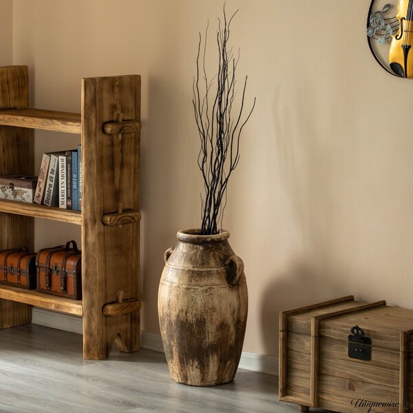 Uniquewise 23-Inch Brown Antique-Inspired Fiberglass Tall Floor Vase - Farmhouse Boho Decor for Living - QI004678