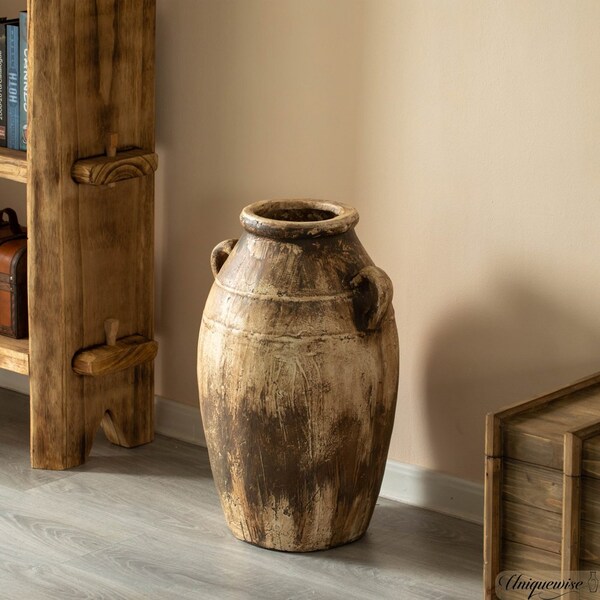 Uniquewise 23-Inch Brown Antique-Inspired Fiberglass Tall Floor Vase - Farmhouse Boho Decor for Living - QI004678