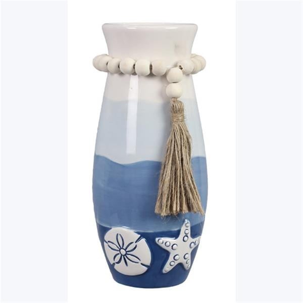 Designs-Done-Right 8 Ceramic Coastal Ombre Vase with Beaded Tassel - DE3280424