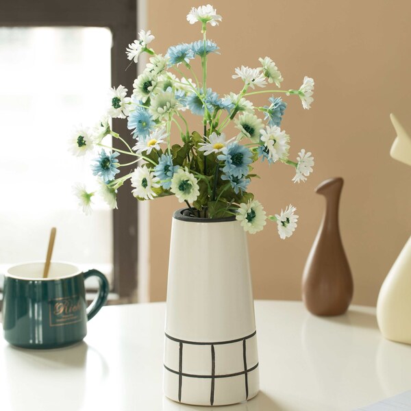 Fabulaxe 7 H Ceramic Modern Painted Grid Tapered Flower Table Vase, Black and White - QI004059.M