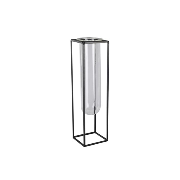 H2H Metal Square Vase with Hanging Clear Tube Glass, Coated Black - Large - H22484752