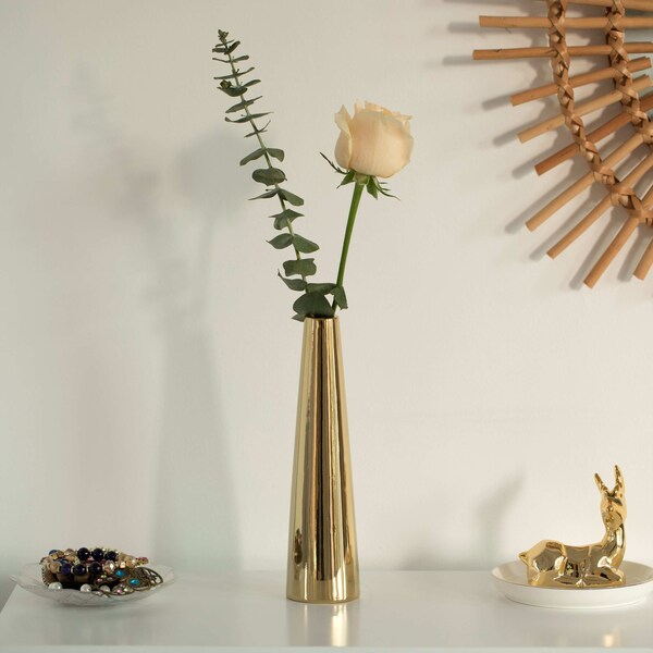Uniquewise 8 Inch Contemporary Ceramic Cone Shape Table Vase Modern Shiny Looking Flower Holder, Gold - QI004359.GD
