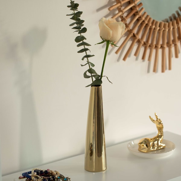Uniquewise 8 Inch Contemporary Ceramic Cone Shape Table Vase Modern Shiny Looking Flower Holder, Gold - QI004359.GD