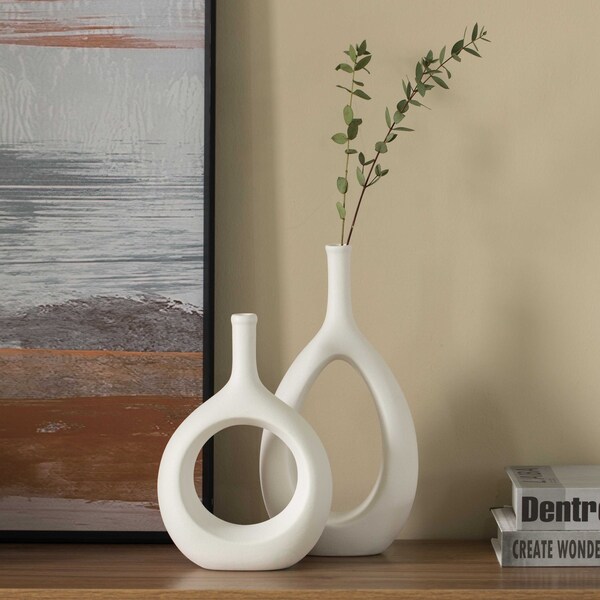 Uniquewise Contemporary White Ceramic Unique Shaped Flower Table Vase Centerpiece, PK 2 - QI004363.2.WT