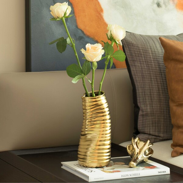 Fabulaxe 9 H Ceramic Bent Melted Modern Style Sculpture Table Centerpiece Flower Vase, Gold - QI004053.L