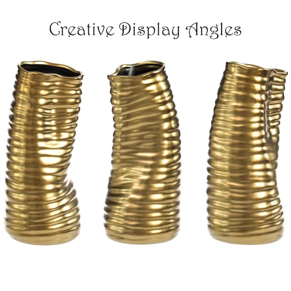 Fabulaxe 9 H Ceramic Bent Melted Modern Style Sculpture Table Centerpiece Flower Vase, Gold - QI004053.L