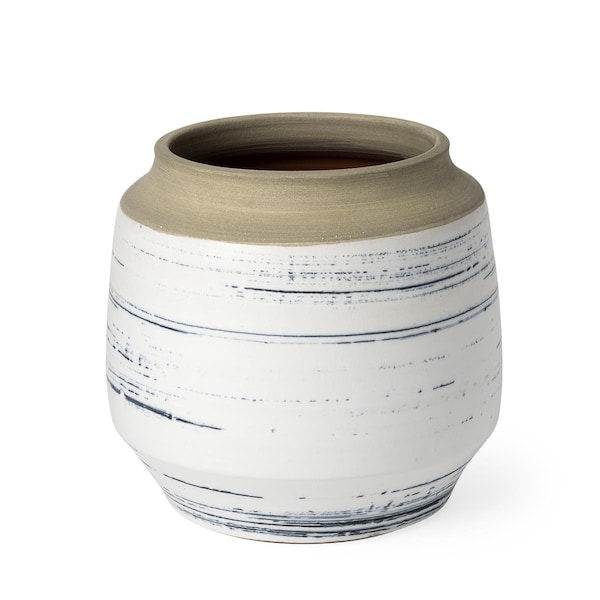 Palacedesigns 9 in. Blue; White & Sand Coastal Ceramic Vase - PA3659493