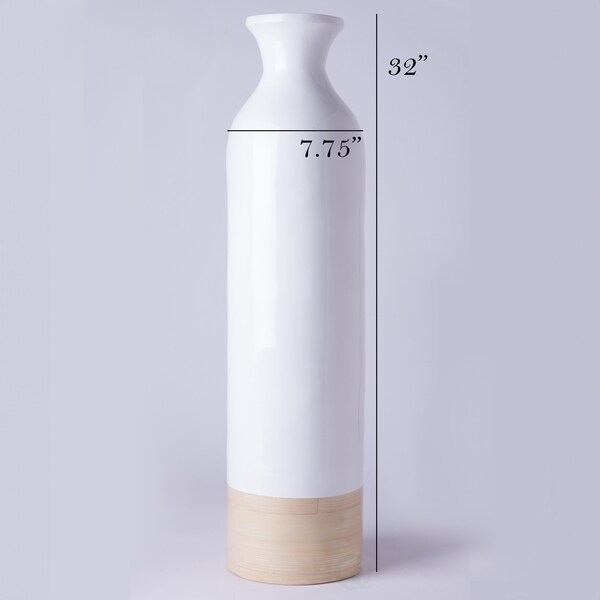 Uniquewise Cylinder Shaped Tall Spun Bamboo Floor Vase Glossy White Lacquer and Natural Bamboo Finish, Large - QI003455WN.L
