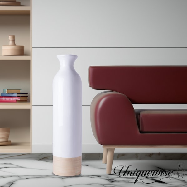 Uniquewise Cylinder Shaped Tall Spun Bamboo Floor Vase Glossy White Lacquer and Natural Bamboo Finish, Large - QI003455WN.L