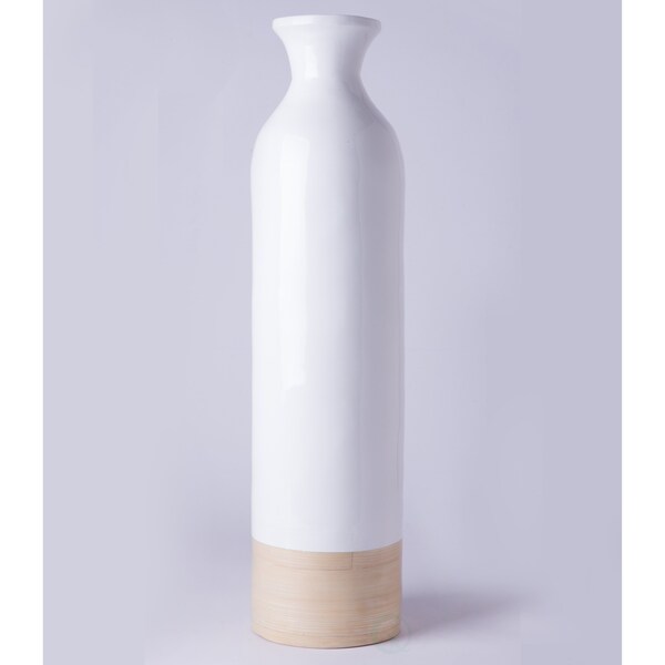 Uniquewise Cylinder Shaped Tall Spun Bamboo Floor Vase Glossy White Lacquer and Natural Bamboo Finish, Large - QI003455WN.L