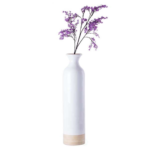 Uniquewise Cylinder Shaped Tall Spun Bamboo Floor Vase Glossy White Lacquer and Natural Bamboo Finish, Large - QI003455WN.L