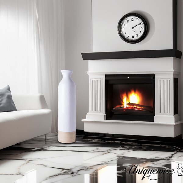 Uniquewise Cylinder Shaped Tall Spun Bamboo Floor Vase Glossy White Lacquer and Natural Bamboo Finish, Large - QI003455WN.L