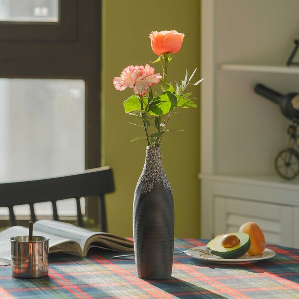 Uniquewise 9 Inch Modern Decorative Ceramic Table Vase Ripped Design Bottle Shape Flower Holder, Black - QI004356.BK