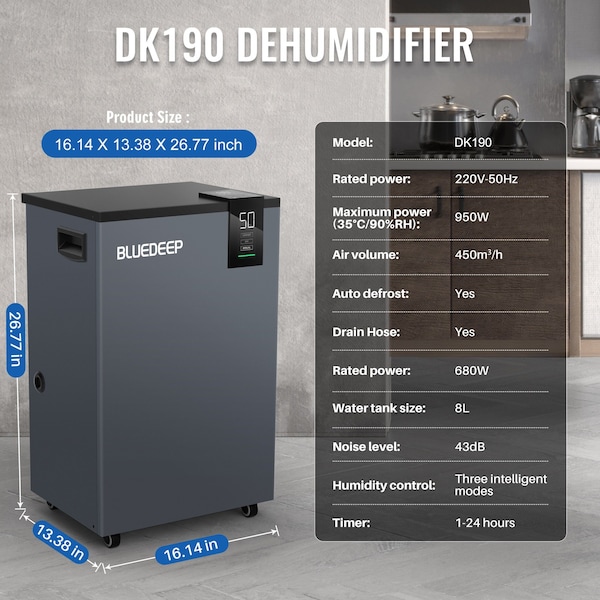 Edendirect Dehumidifier, 14.53 pints, Gray, 13.78 in, 120 V - ED-DK190B