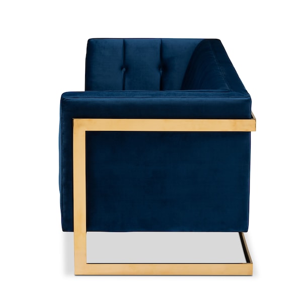 Baxton Studio Ambra Blue Velvet Upholstered and Tufted Sofa with Gold-Tone Frame - 156-8866