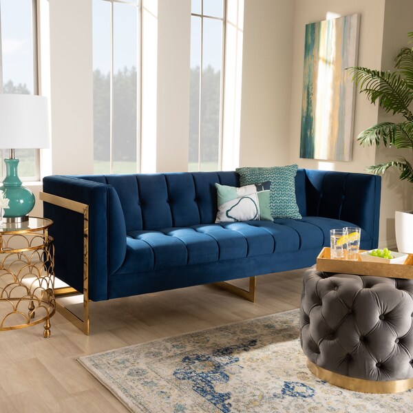 Baxton Studio Ambra Blue Velvet Upholstered and Tufted Sofa with Gold-Tone Frame - 156-8866