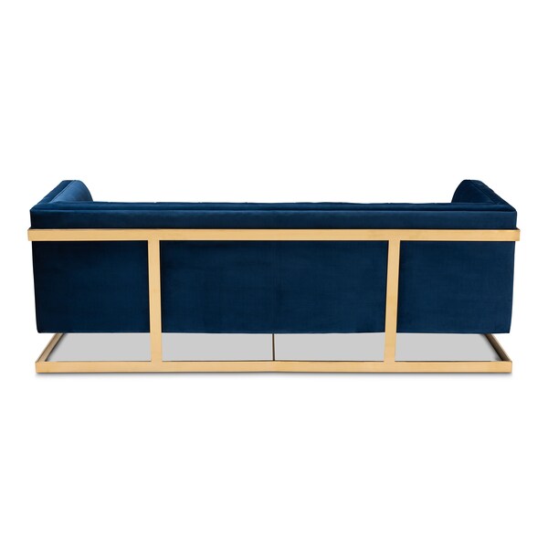 Baxton Studio Ambra Blue Velvet Upholstered and Tufted Sofa with Gold-Tone Frame - 156-8866