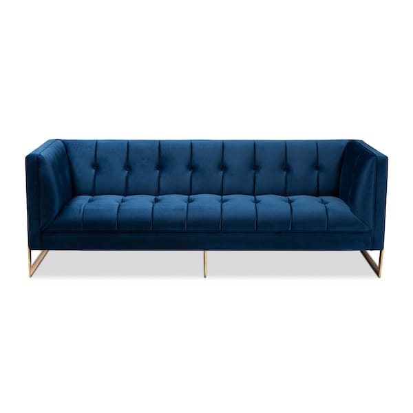 Baxton Studio Ambra Blue Velvet Upholstered and Tufted Sofa with Gold-Tone Frame - 156-8866
