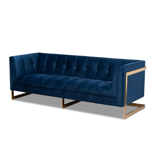 Baxton Studio Ambra Blue Velvet Upholstered and Tufted Sofa with Gold-Tone Frame - 156-8866