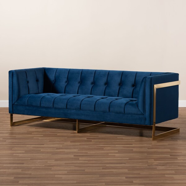 Baxton Studio Ambra Blue Velvet Upholstered and Tufted Sofa with Gold-Tone Frame - 156-8866