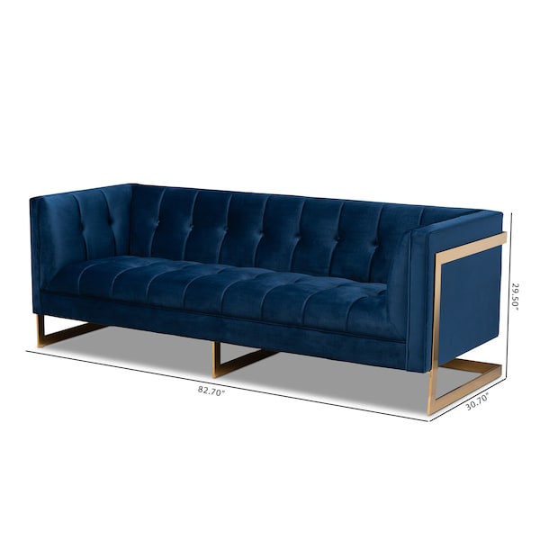 Baxton Studio Ambra Blue Velvet Upholstered and Tufted Sofa with Gold-Tone Frame - 156-8866