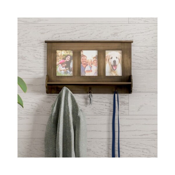 Hastings Home Wall Shelf and Picture Collage with Ledge, 3 Hanging Hooks, Frame Decor Shelving Holds 4x6 Photos - 111985UUV