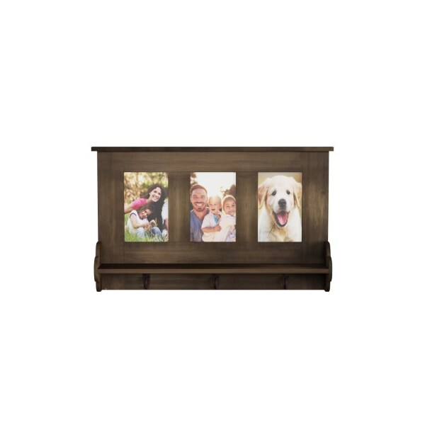 Hastings Home Wall Shelf and Picture Collage with Ledge, 3 Hanging Hooks, Frame Decor Shelving Holds 4x6 Photos - 111985UUV